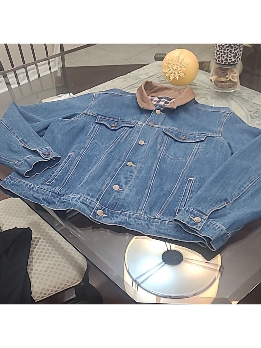 Mack Trucker Denim Jacket Plaid Lined Denim With Brown Leather Trim XL